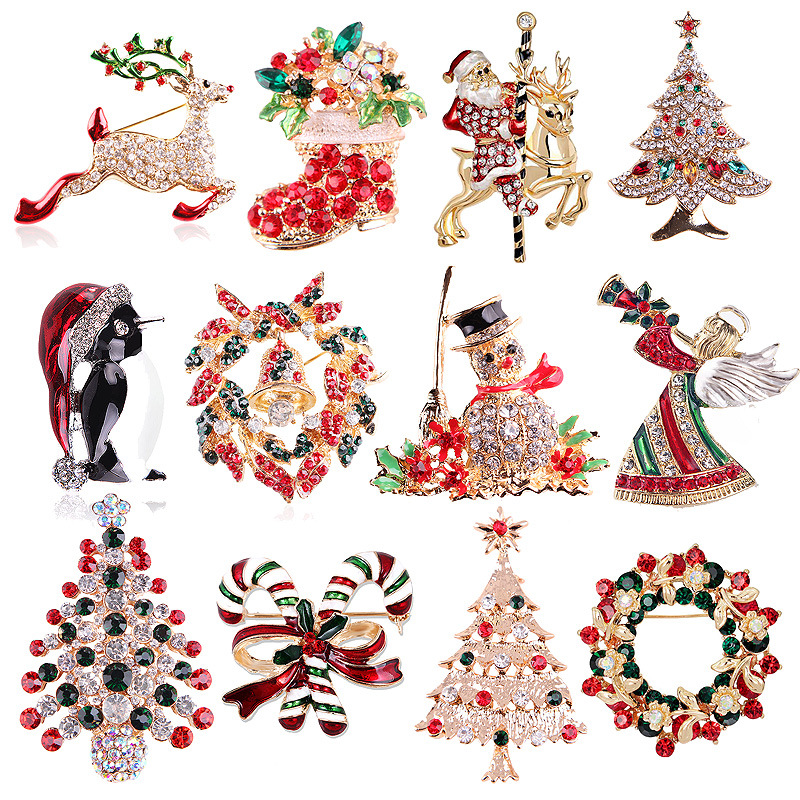 Collectible Vintage Brooches - Vintage Strass-Weihnachtsbroschen-Kollektion, Weihnachtsbaum-Rentier-Weihnachtsmann-Schneemann-Kranz-Anstecknadel, Mehrfarbige Kristall-Feiertags-Tier-Kleidungsaccessoires