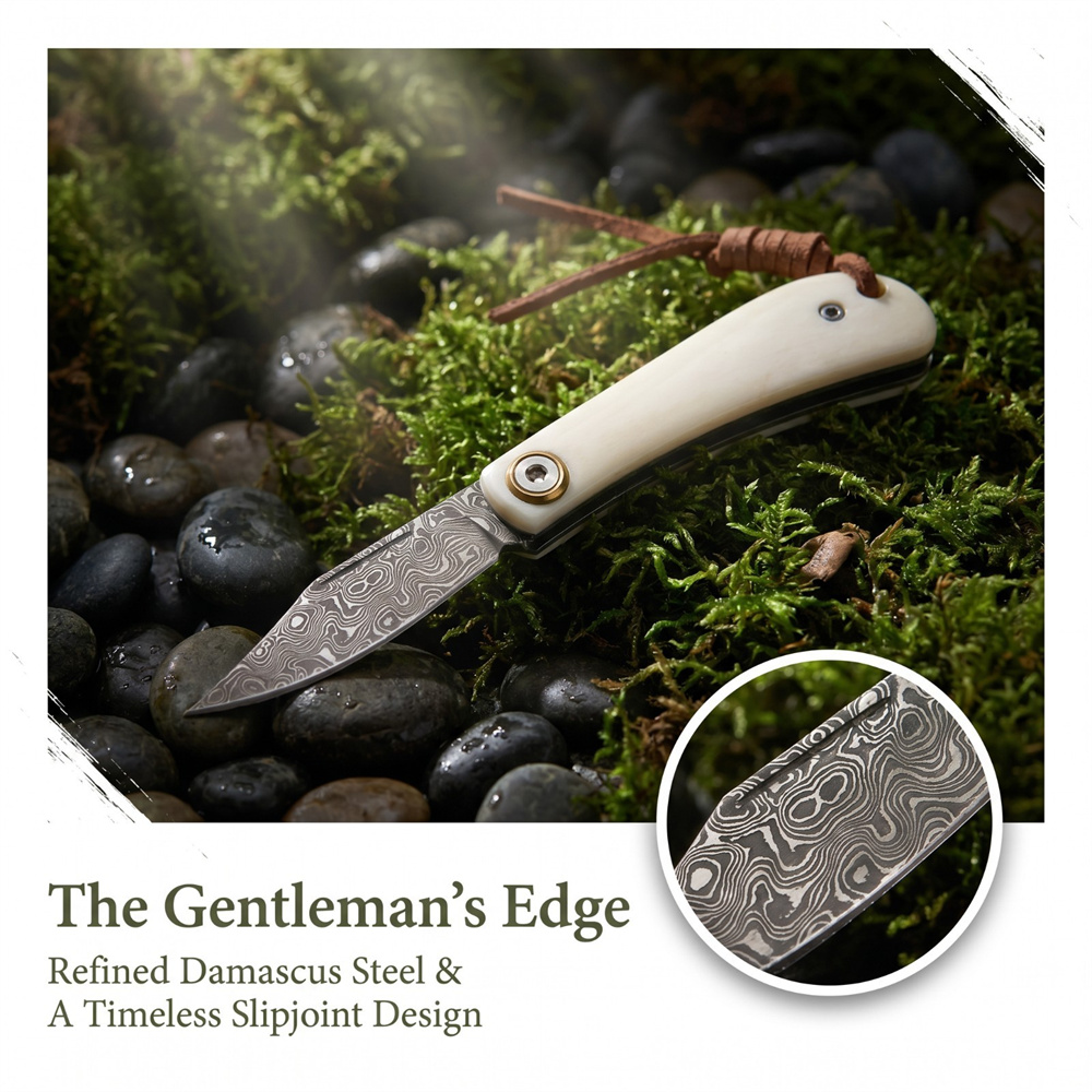 Vintage Collectible Pocket Knives - Vintage Damaskus Klappmesser mit Elfenbein-Knochen-Griff, Kompaktes